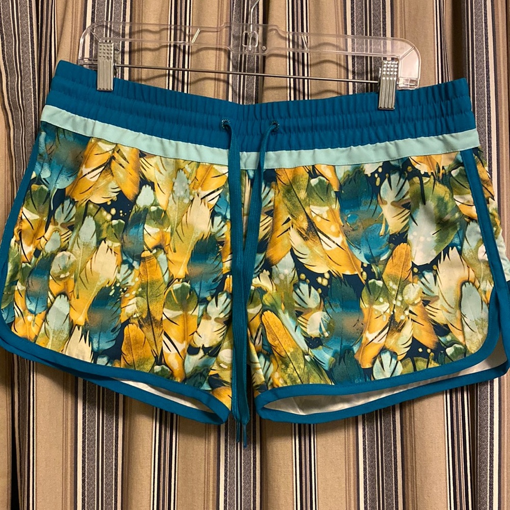 The North Face Women's Teal Yellow Feather Print Athletic Shorts